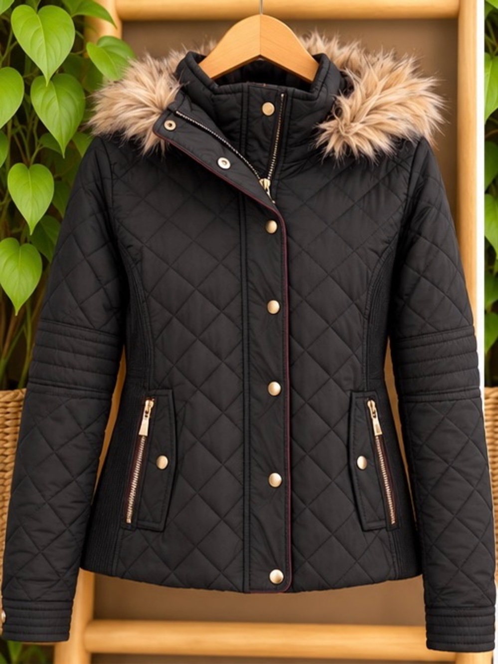 Active USA Black Quilted Faux Fur Hooded Jacket Gold Hardware